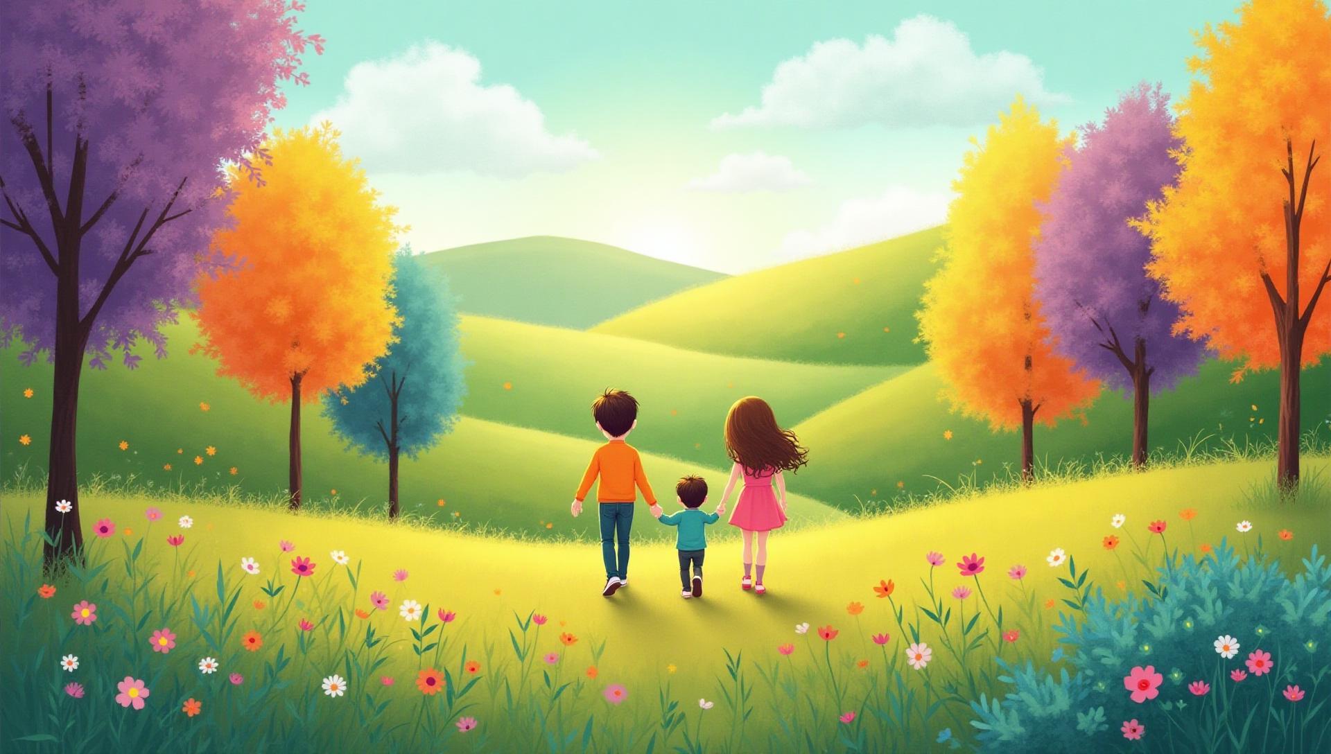 Families playing together in a colourful illustrated park